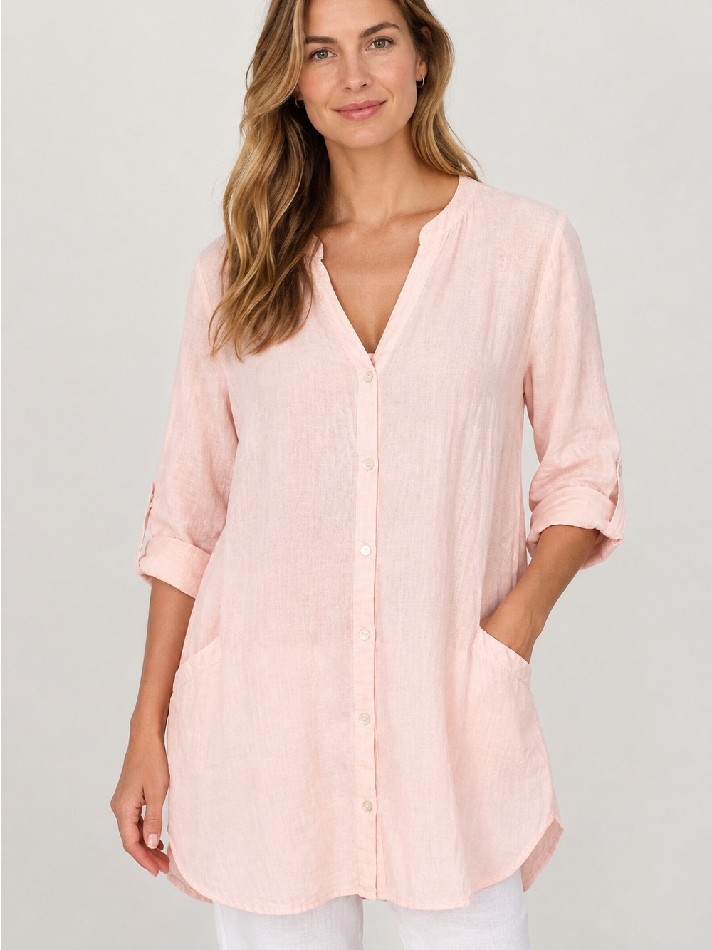 Sigrid Olsen Soft Pink Button-Front Tunic Shirt 100% Linen